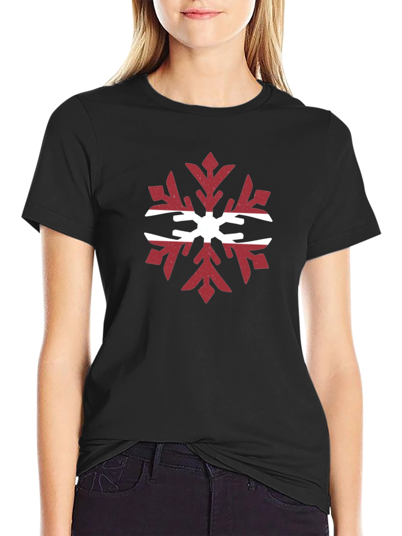 Latvian Flag Snowflake Graphic Tee - Black Cotton T-Shirt