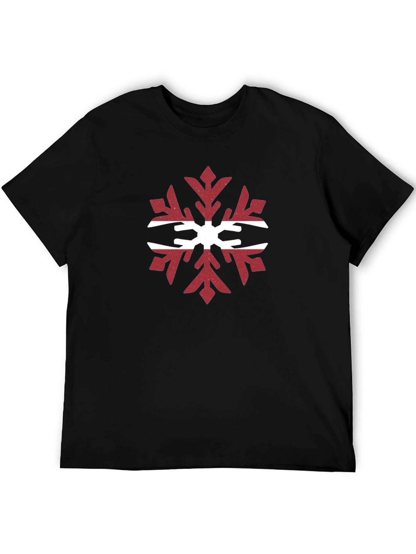 Latvian Flag Snowflake Graphic Tee - Black Cotton T-Shirt
