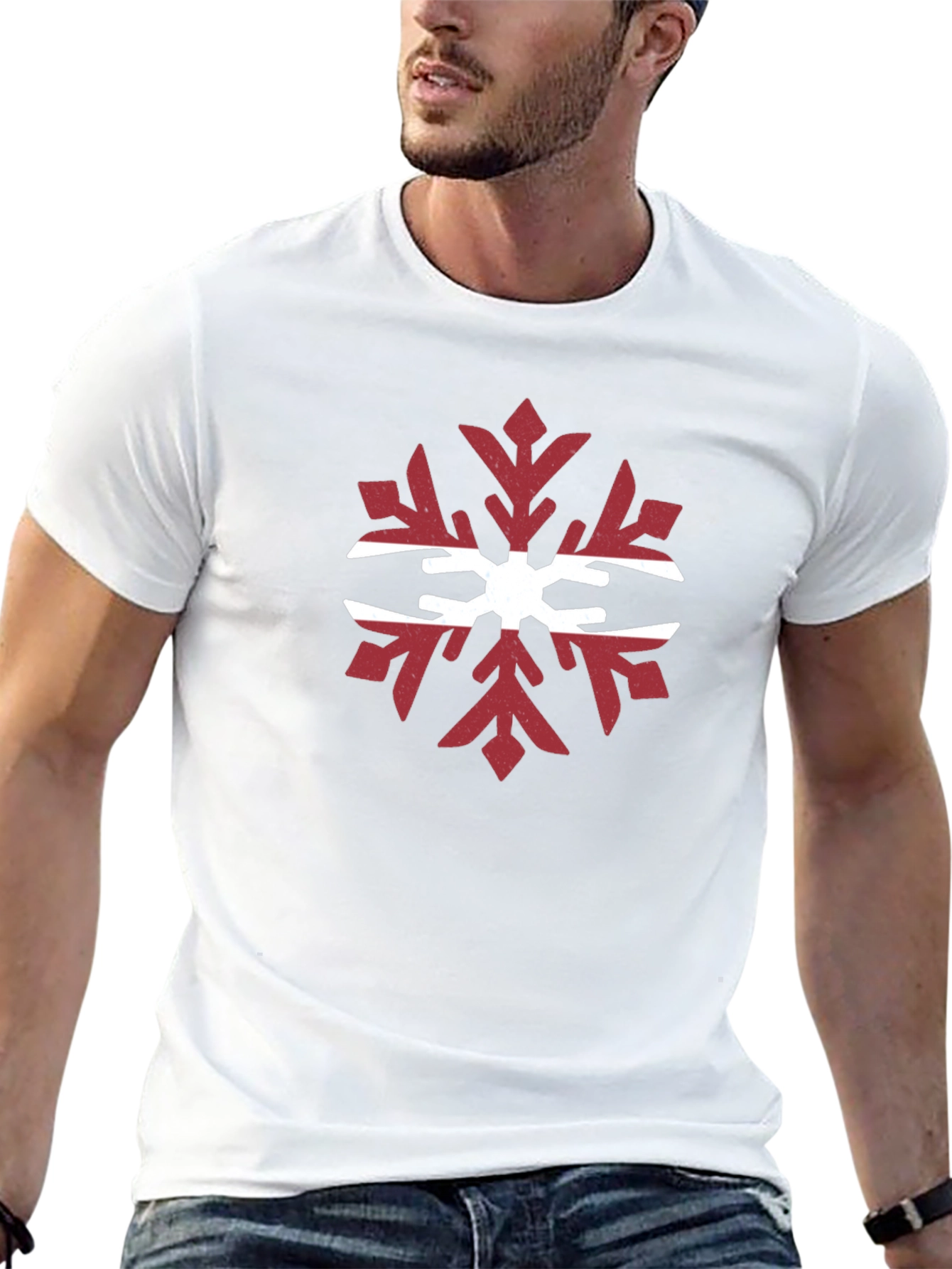 Latvian Flag Snowflake Graphic Tee - Black Cotton T-Shirt