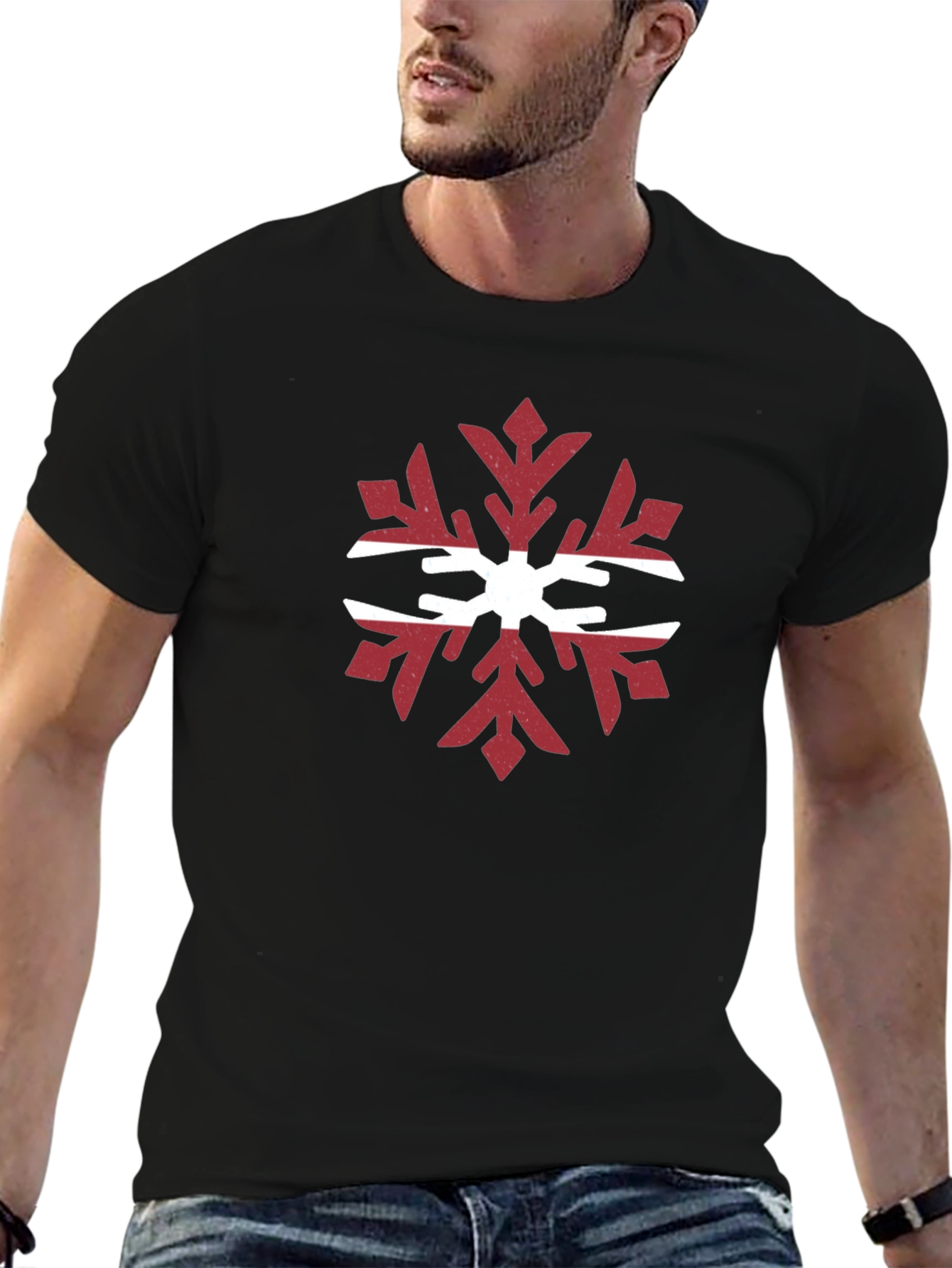 Latvian Flag Snowflake Graphic Tee - Black Cotton T-Shirt
