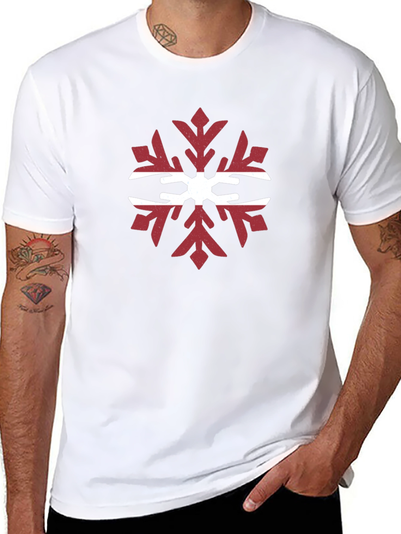 Latvian Flag Snowflake Graphic Tee - Black Cotton T-Shirt