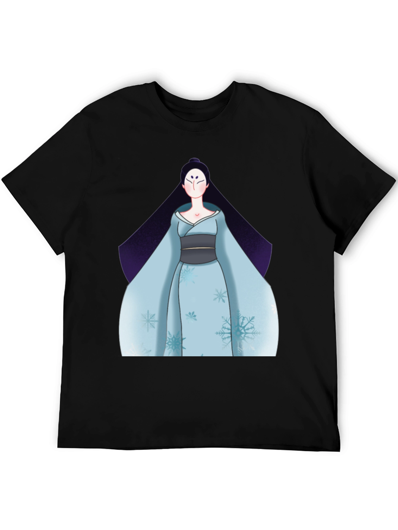 Black T-Shirt with Anime Winter Kimono Design