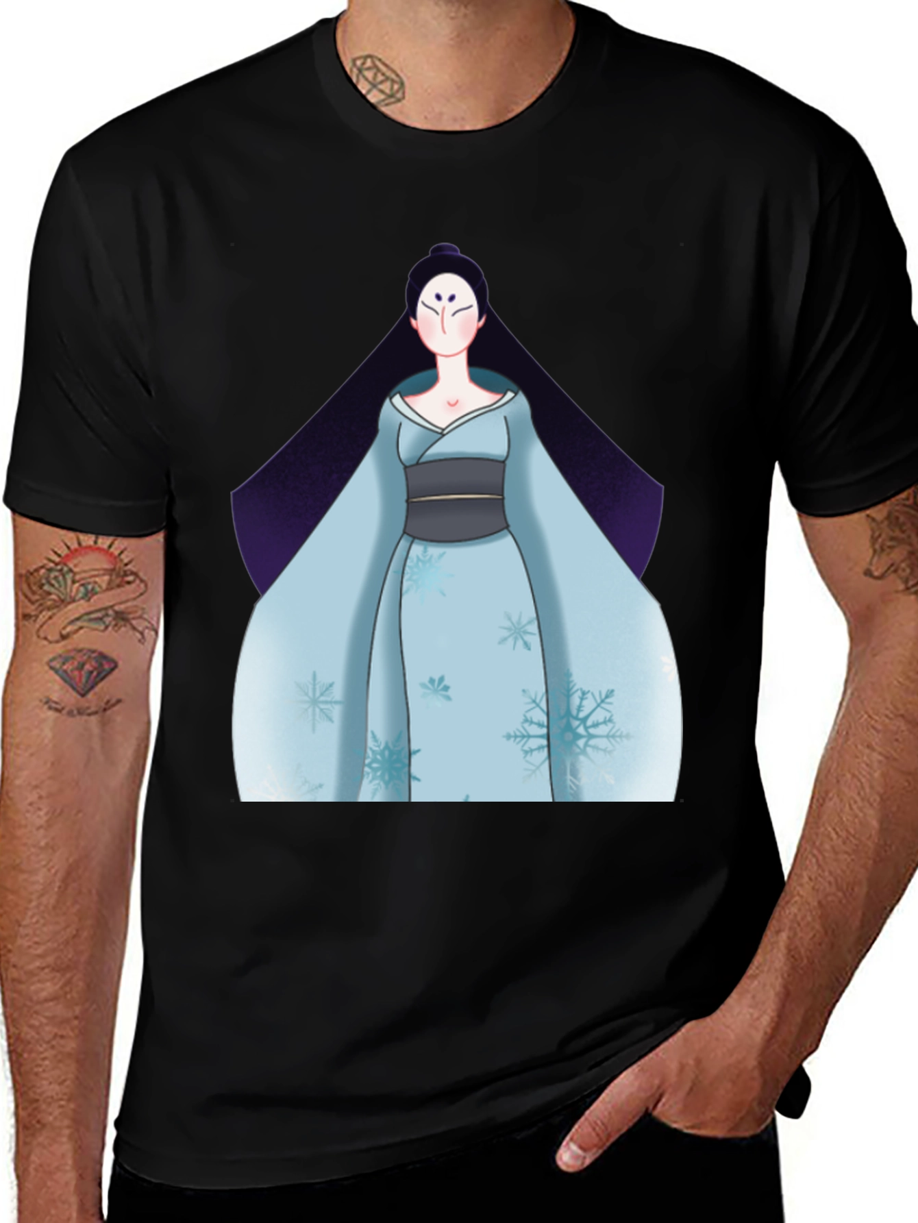 Black T-Shirt with Anime Winter Kimono Design