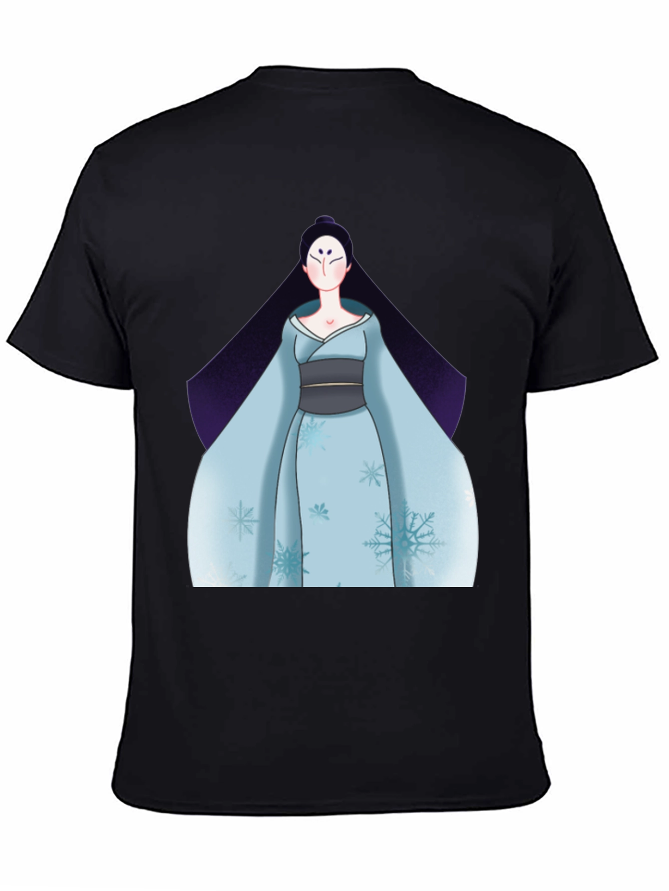 Black T-Shirt with Anime Winter Kimono Design