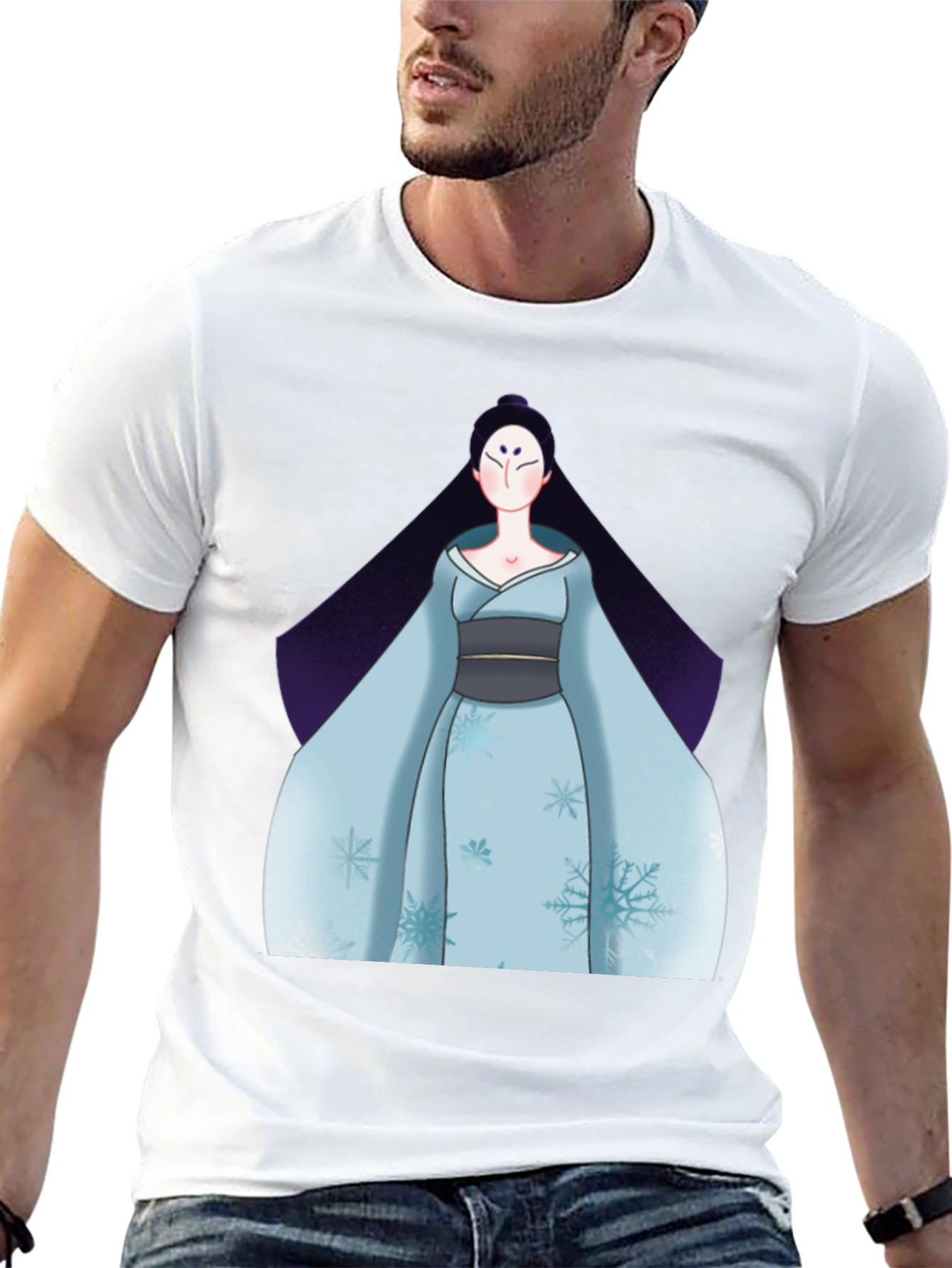 Black T-Shirt with Anime Winter Kimono Design