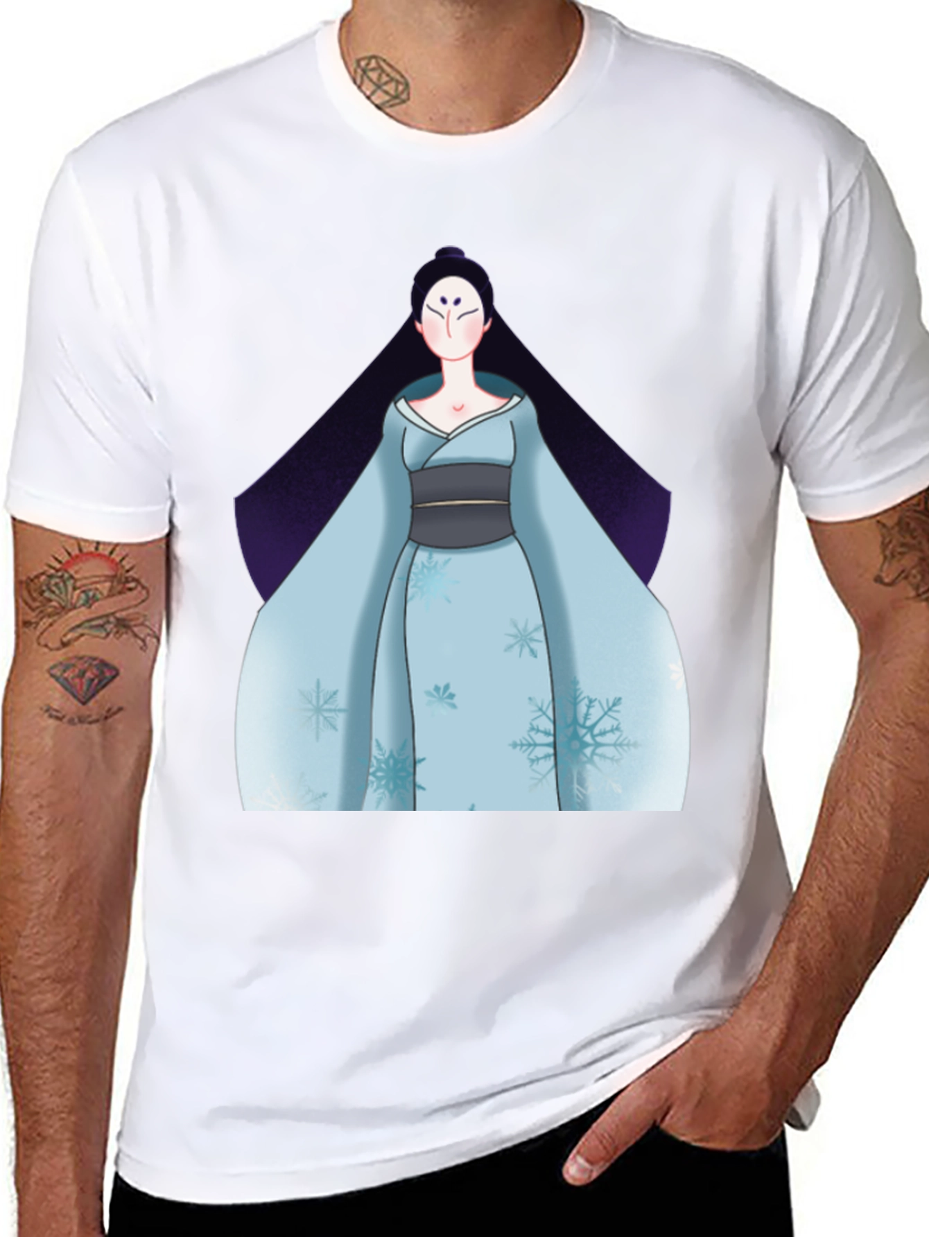 Black T-Shirt with Anime Winter Kimono Design