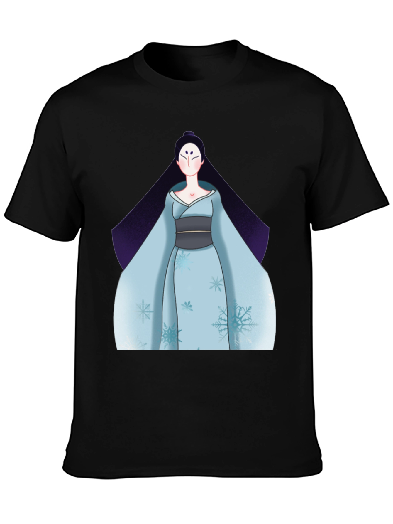 Black T-Shirt with Anime Winter Kimono Design