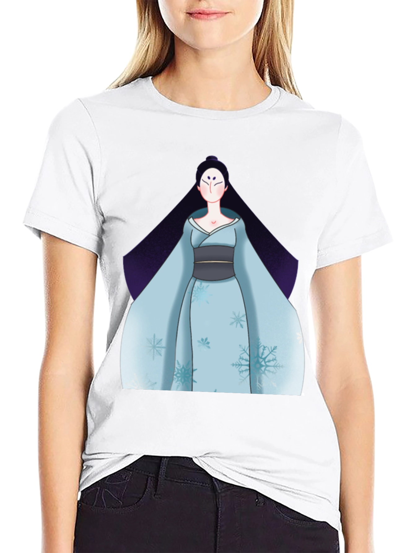 Black T-Shirt with Anime Winter Kimono Design