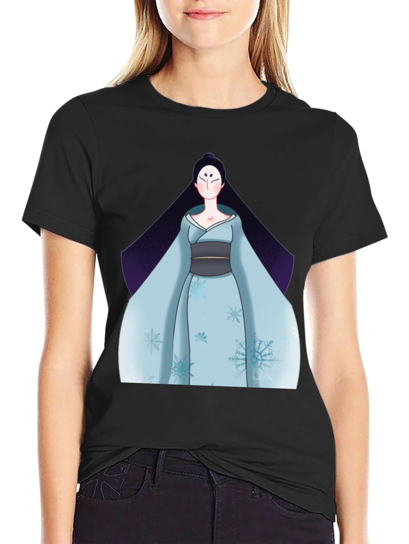 Black T-Shirt with Anime Winter Kimono Design