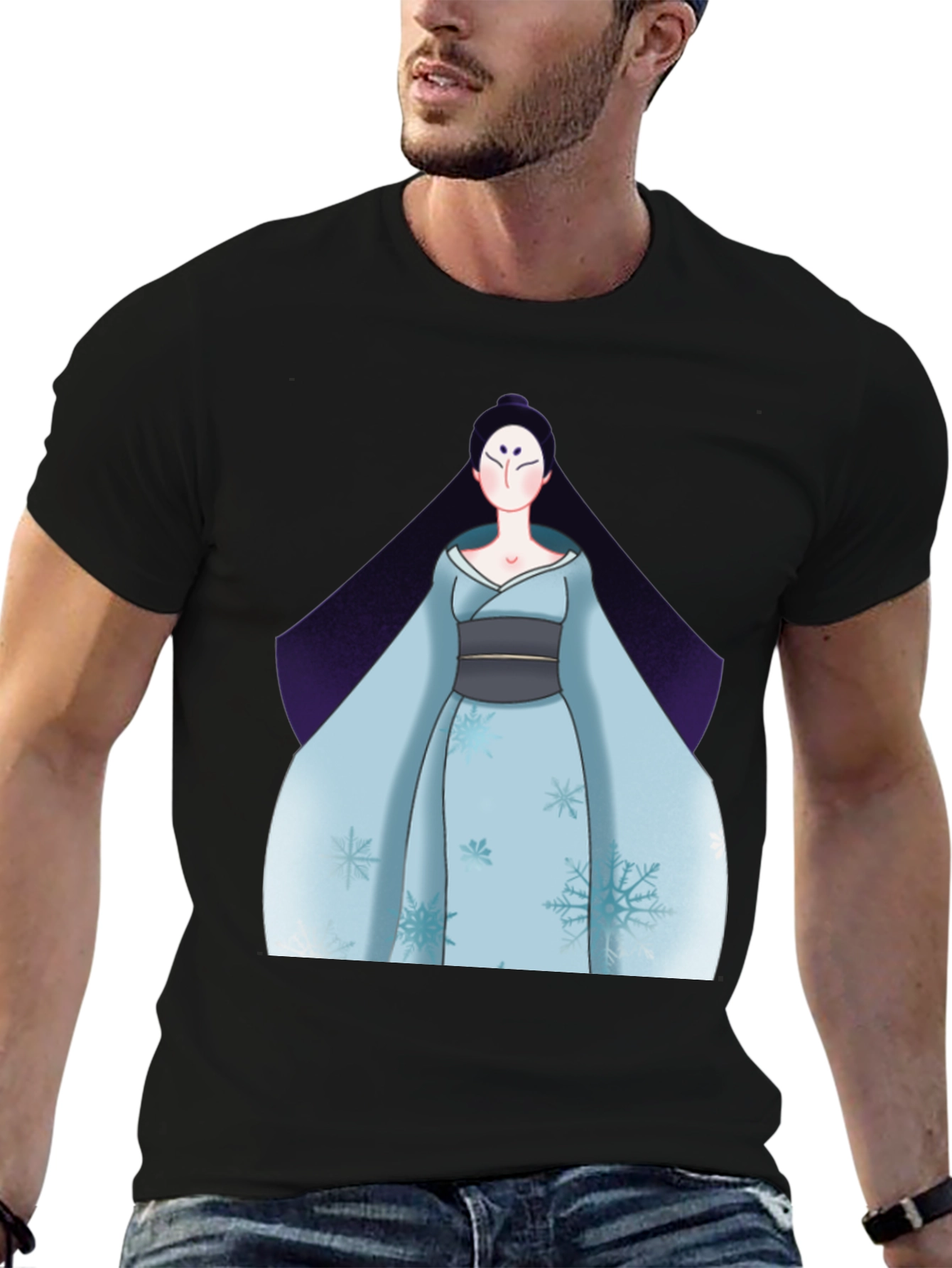 Black T-Shirt with Anime Winter Kimono Design