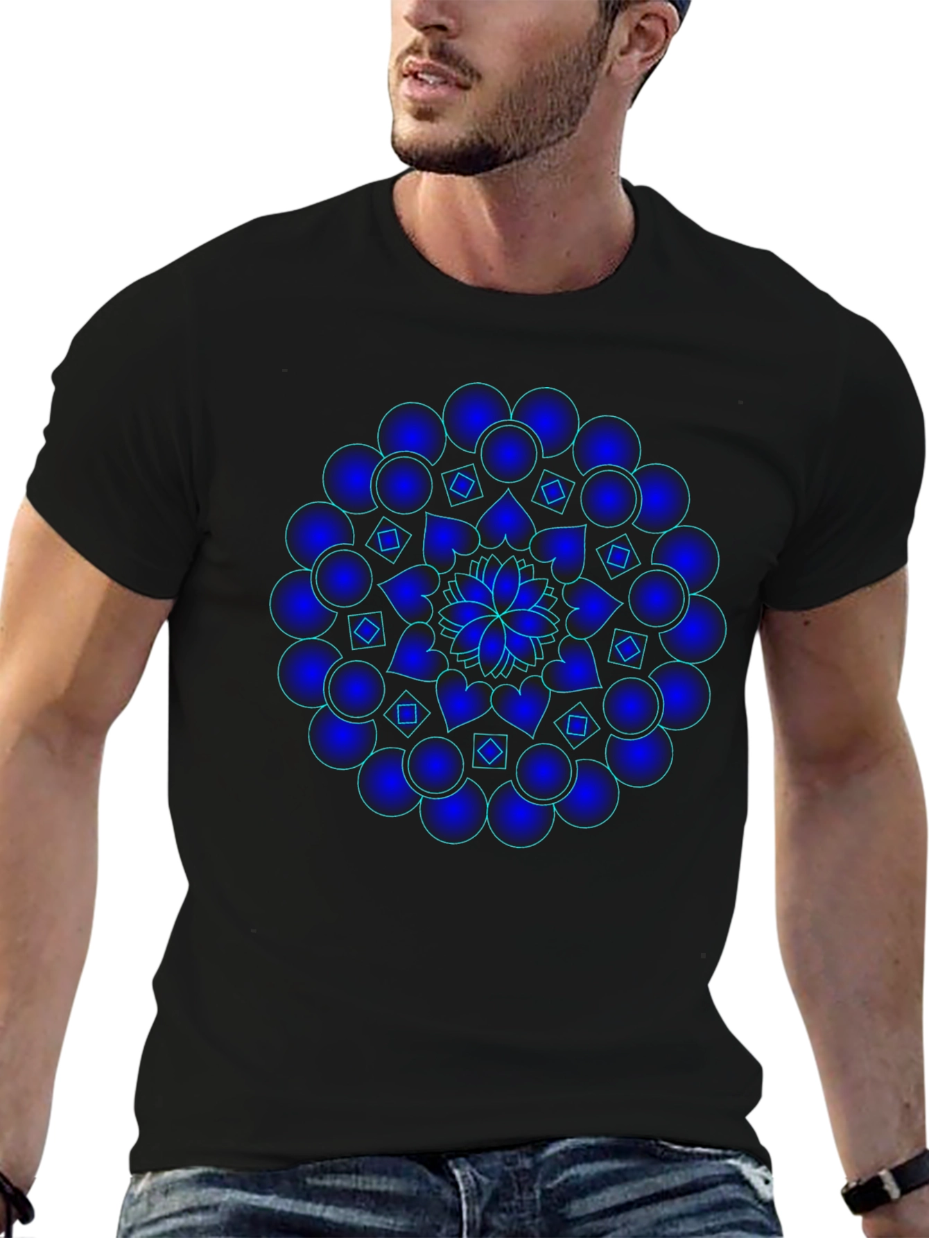 Mandala T-Shirt - Graphic Blue Print Black Cotton Tee
