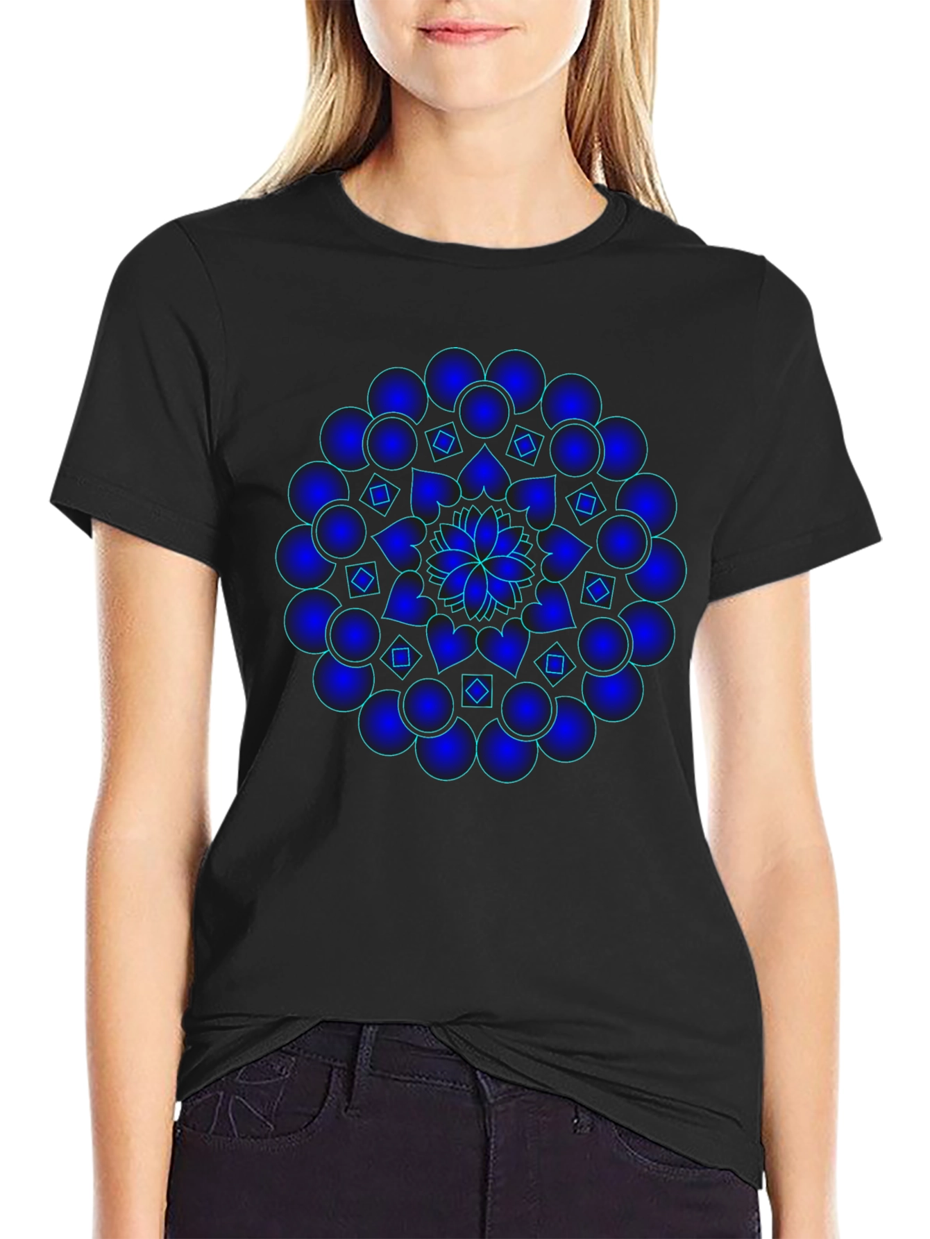Mandala T-Shirt - Graphic Blue Print Black Cotton Tee