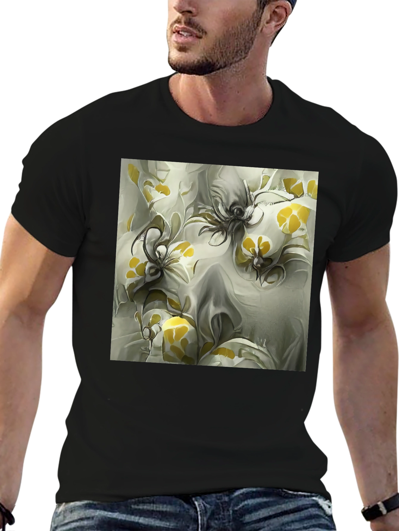 Abstract Floral Print Black T-Shirt