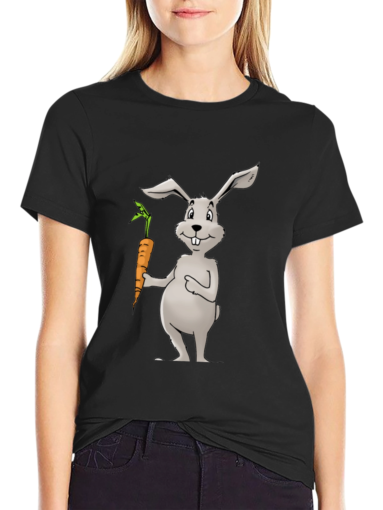 Bunny & Carrot Graphic Tee - Black Cotton T-Shirt