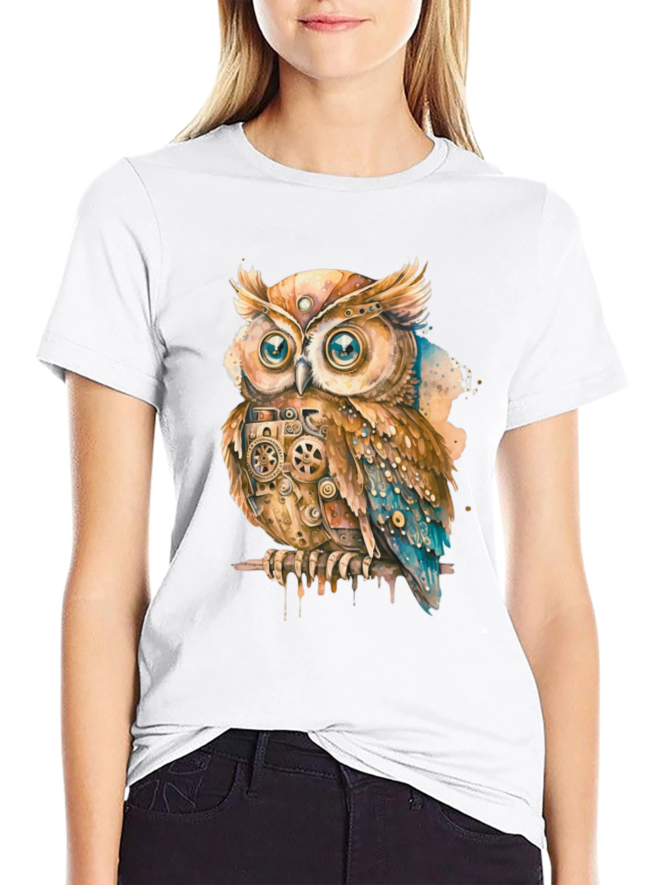 Steampunk Owl Graphic Print T-Shirt