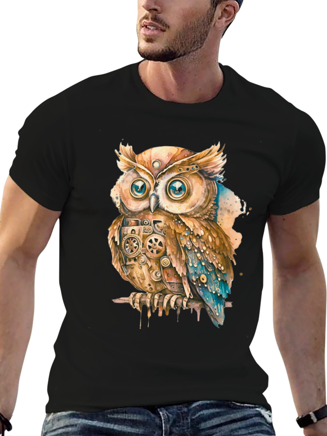 Steampunk Owl Graphic Print T-Shirt