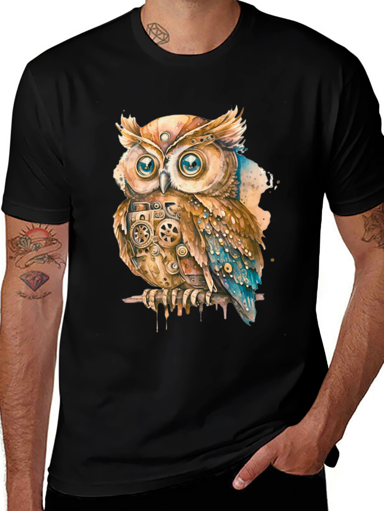 Steampunk Owl Graphic Print T-Shirt