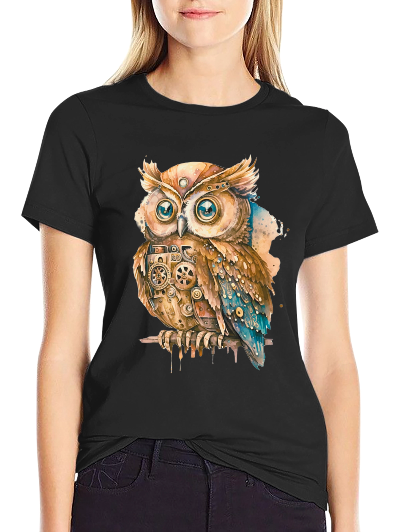 Steampunk Owl Graphic Print T-Shirt