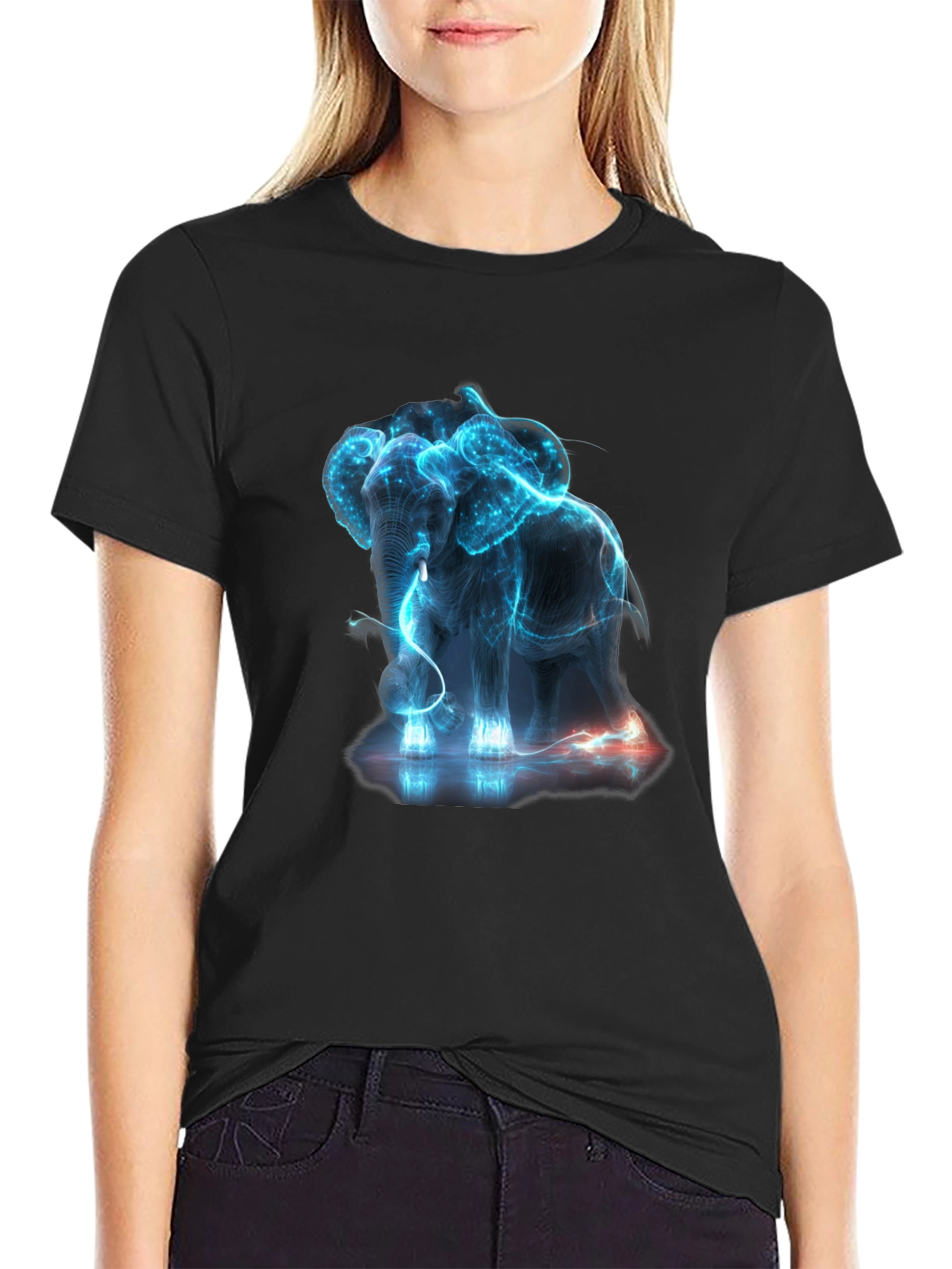 Neon Elephant Graphic Print Black T-Shirt