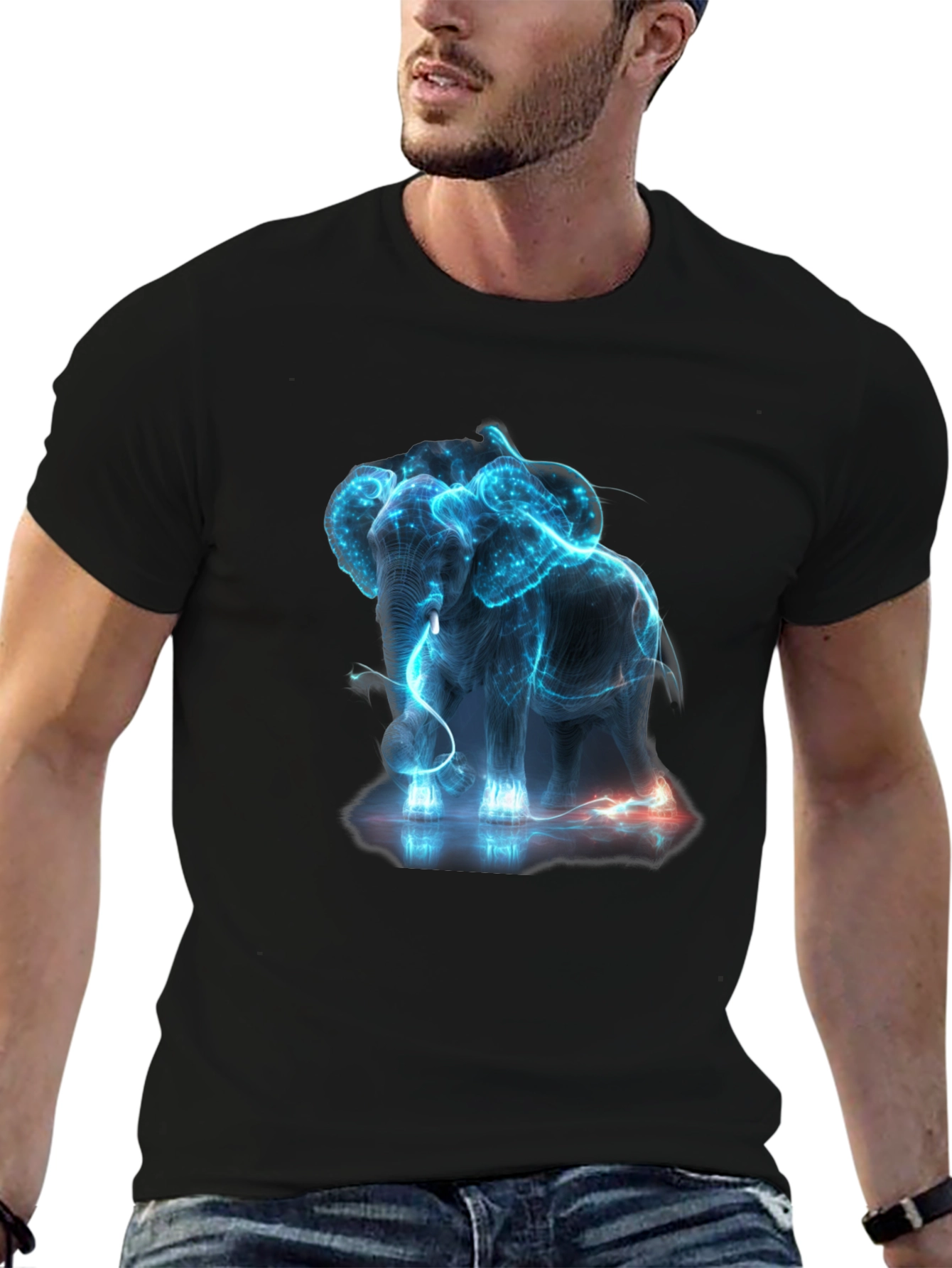 Neon Elephant Graphic Print Black T-Shirt