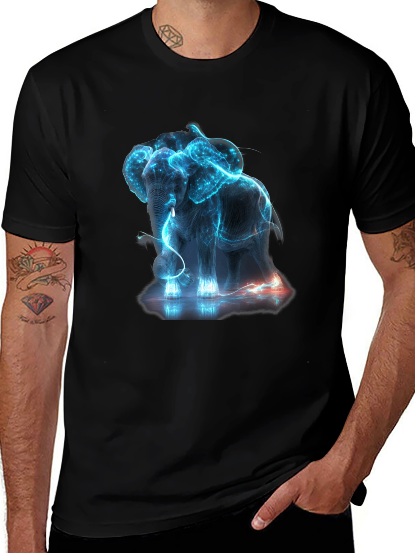 Neon Elephant Graphic Print Black T-Shirt