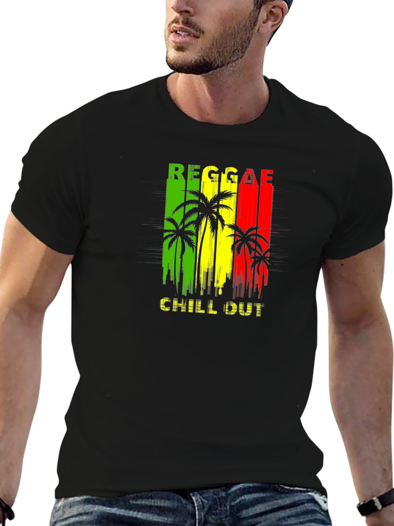 Reggae Chill Out Black T-Shirt with Palm Tree Design
