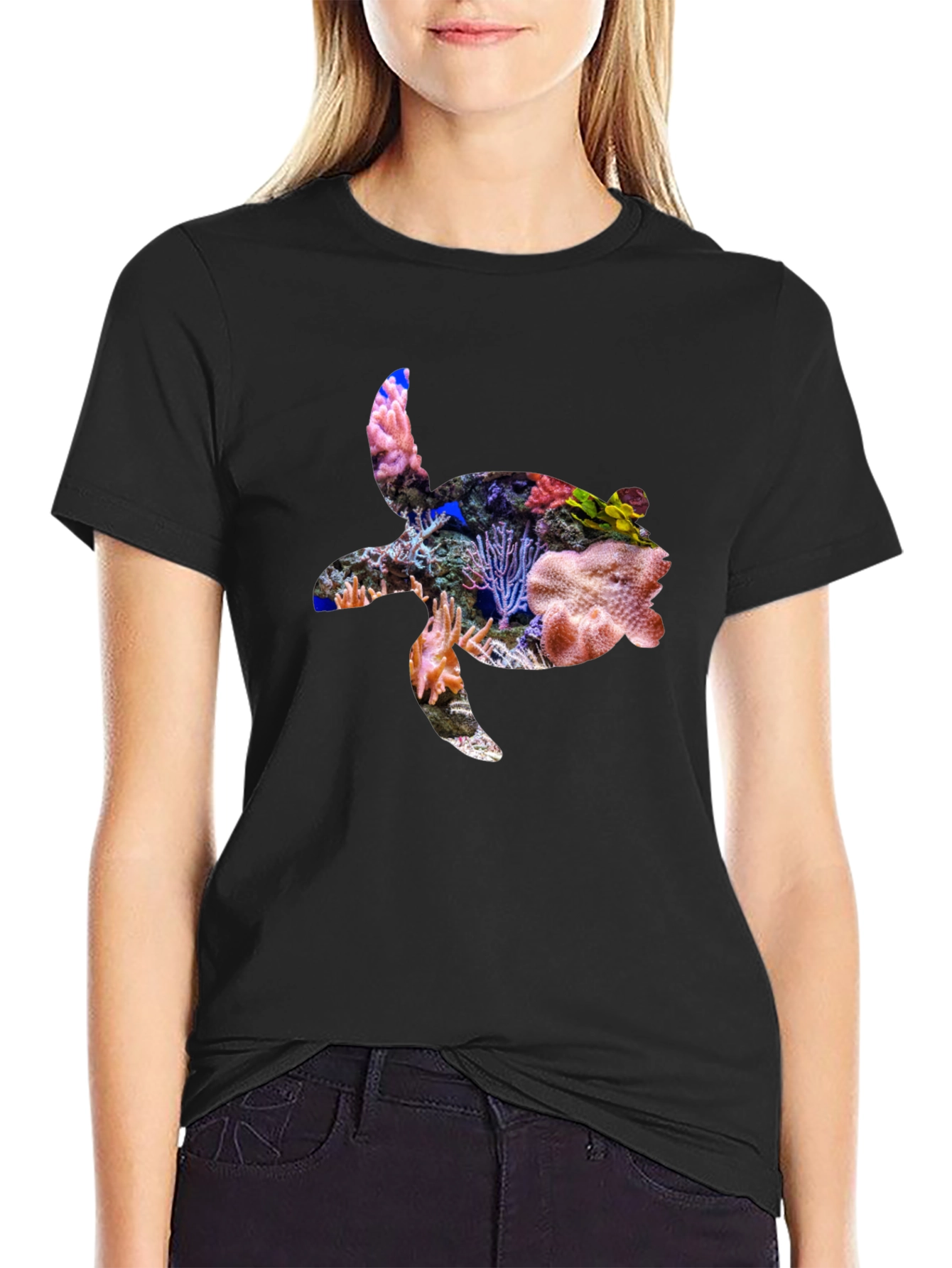 Coral Turtle Graphic Tee - Black