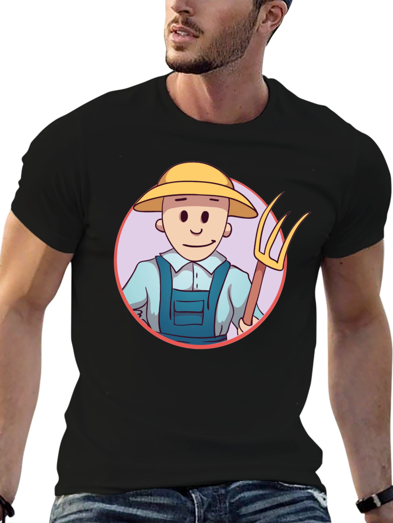 Cartoon Farmer Graphic Tee - Black