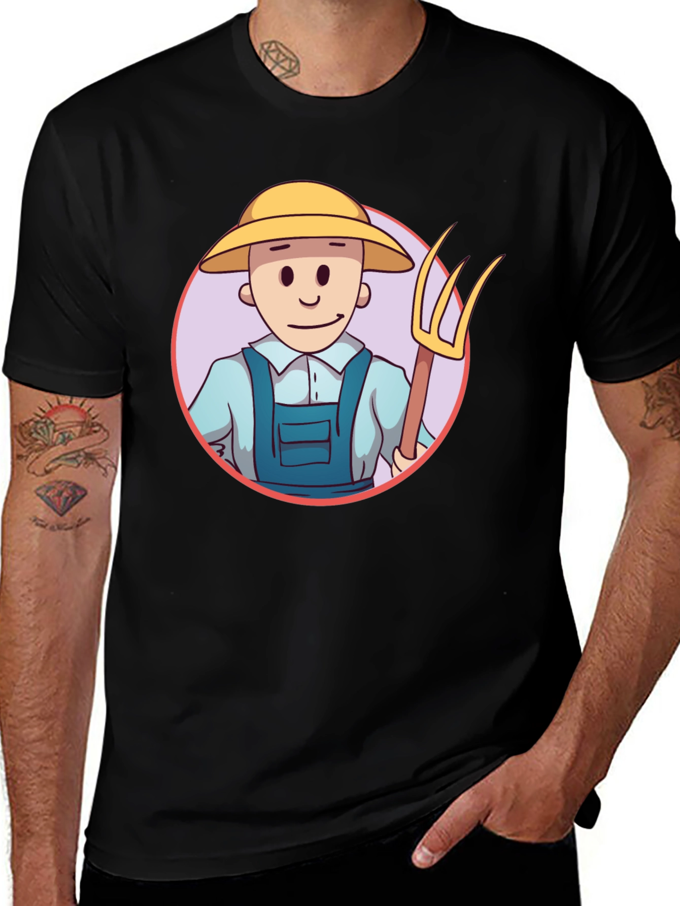 Cartoon Farmer Graphic Tee - Black