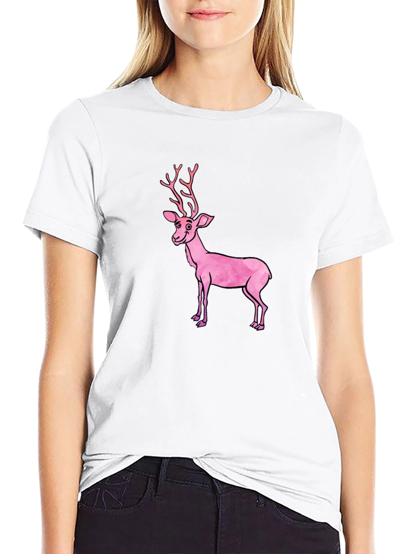 Black T-Shirt with Pink Deer Graphic