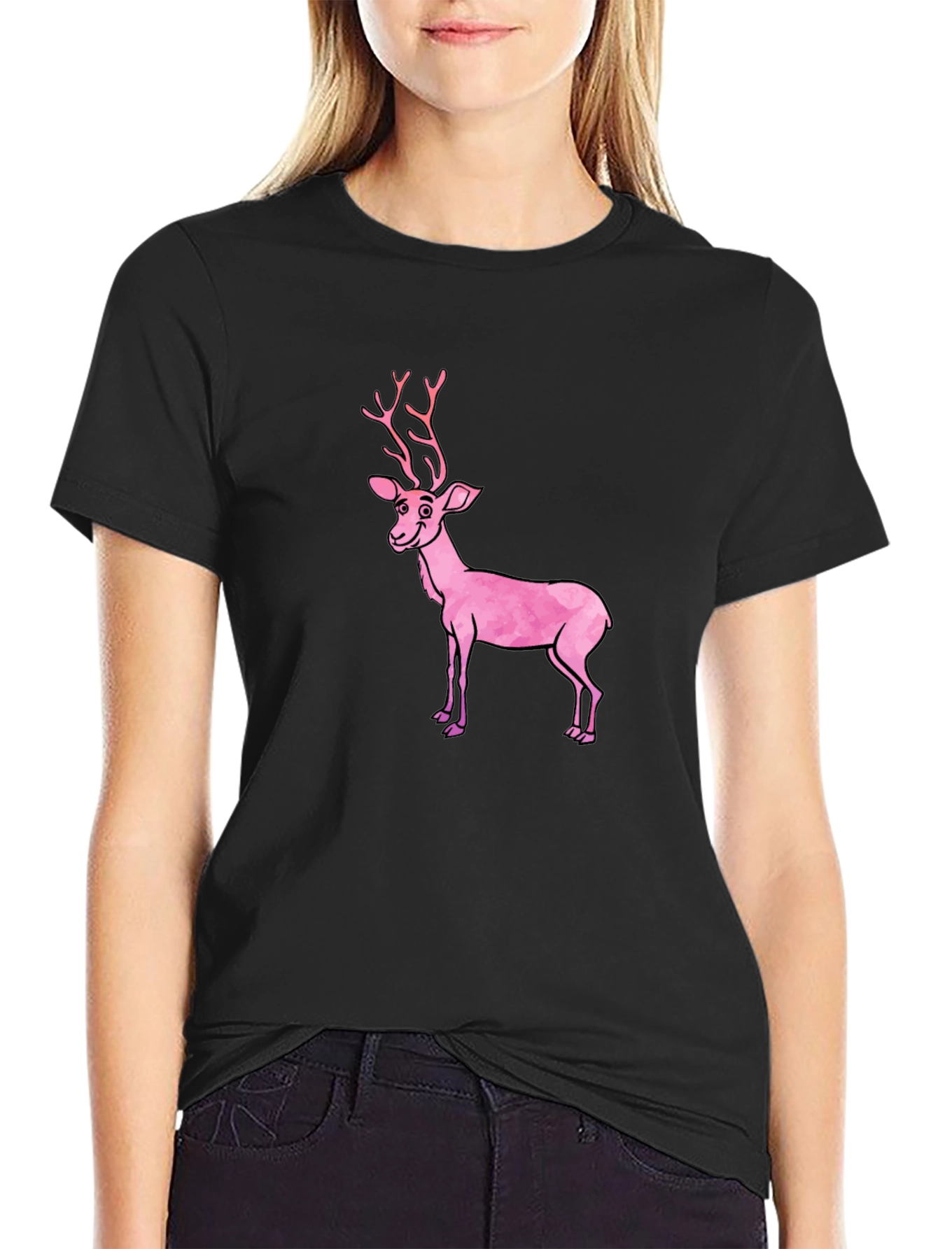 Black T-Shirt with Pink Deer Graphic
