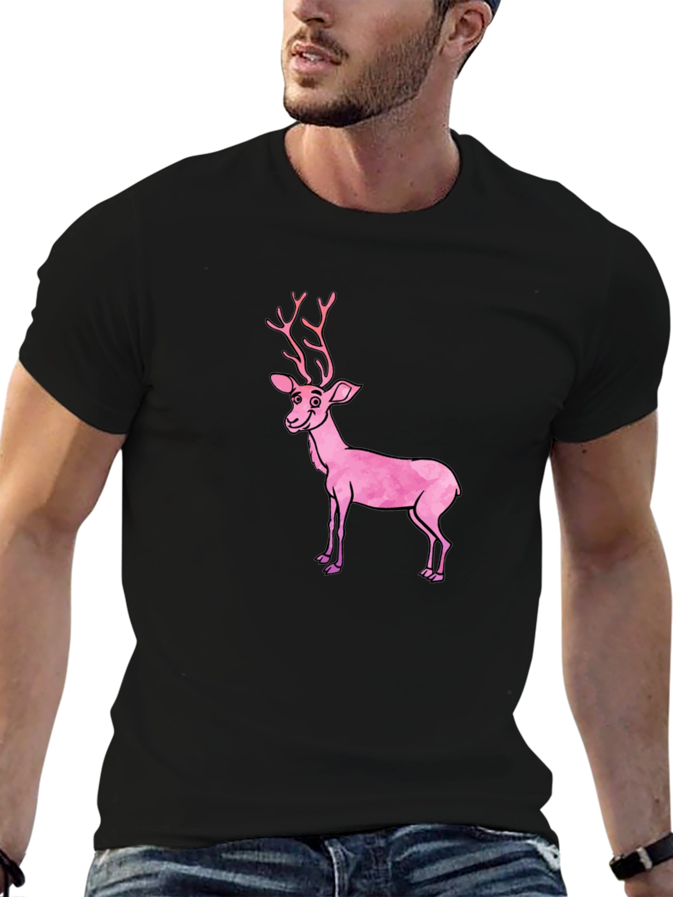 Black T-Shirt with Pink Deer Graphic