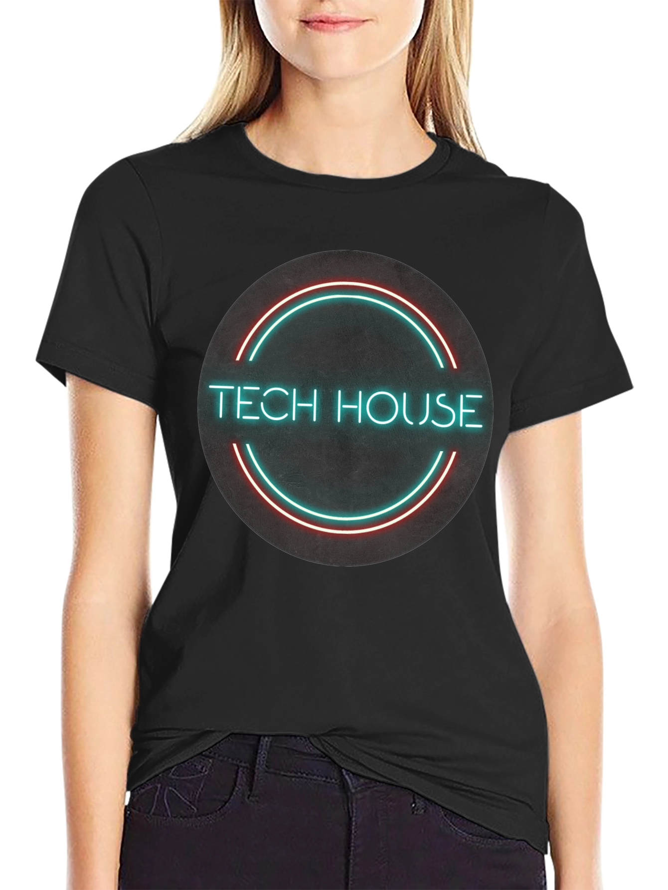 Tech House Neon Design Black T-Shirt