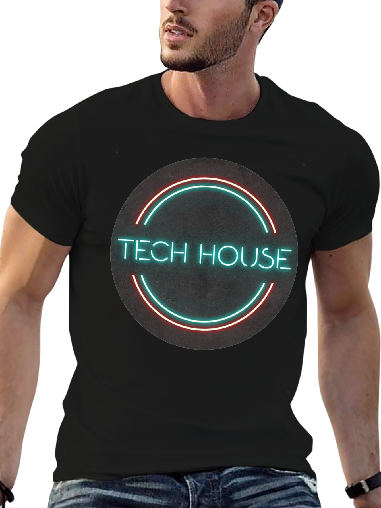Tech House Neon Design Black T-Shirt