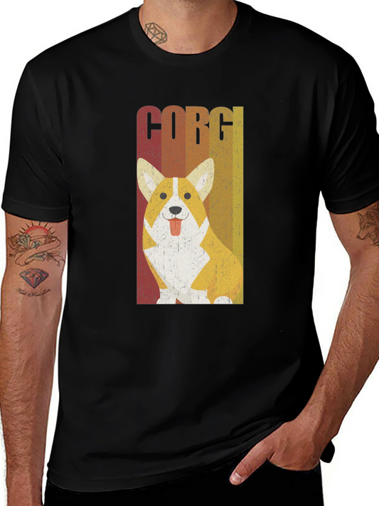 Retro Corgi Dog Graphic Tee - Mens Black T-Shirt