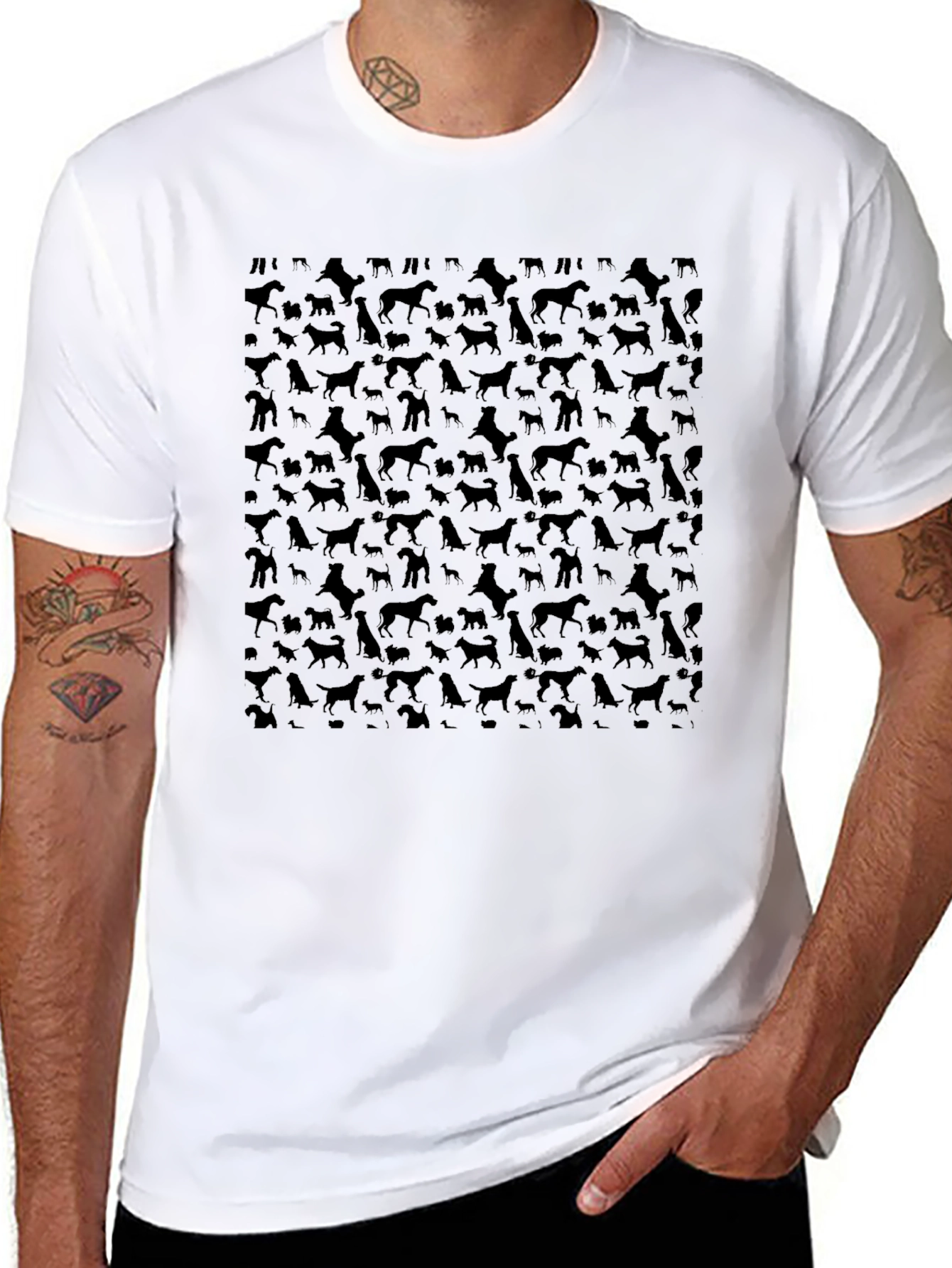 Dog Silhouette Pattern Black T-Shirt