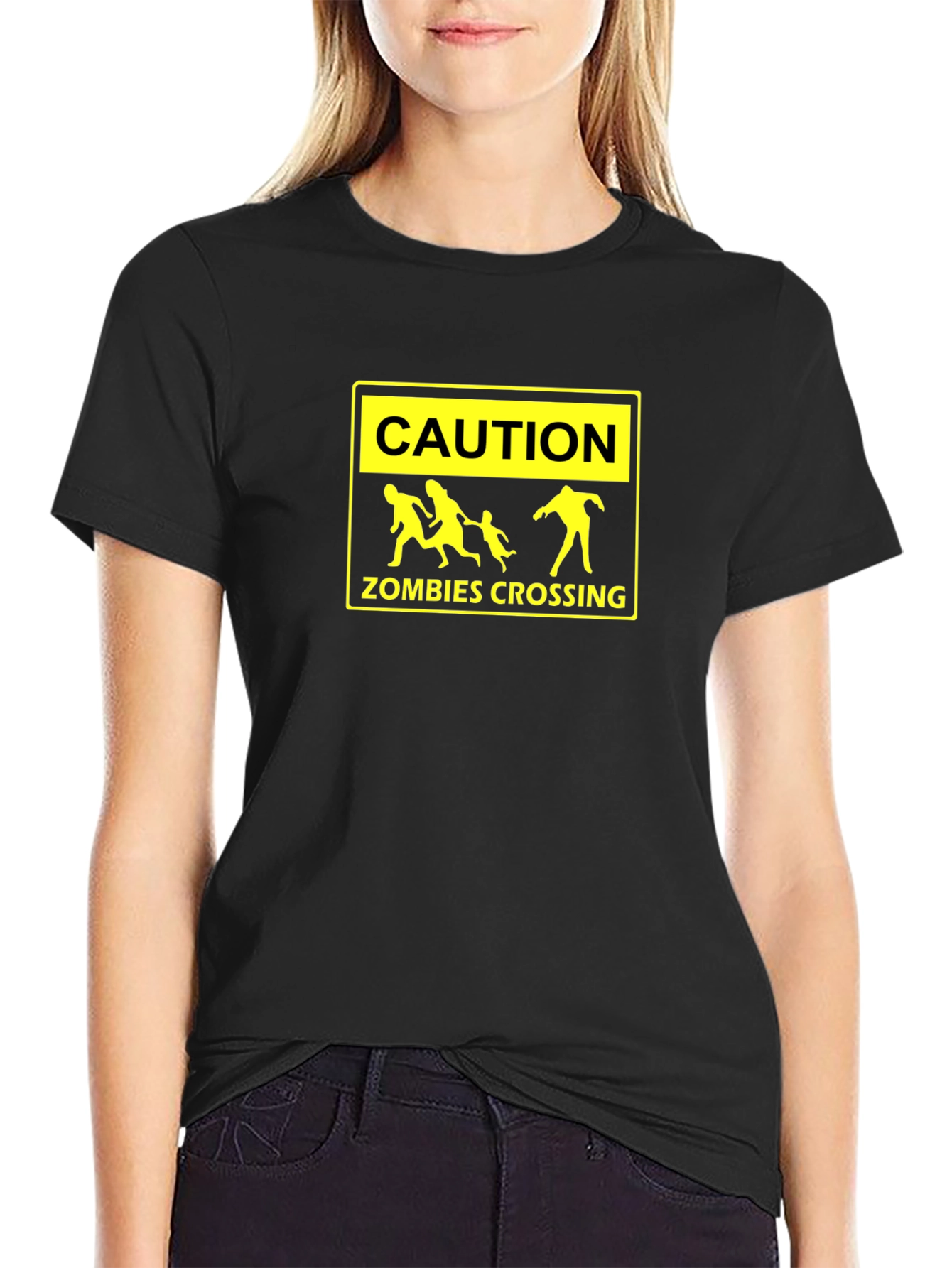 Caution Zombies Crossing Black Graphic Tee