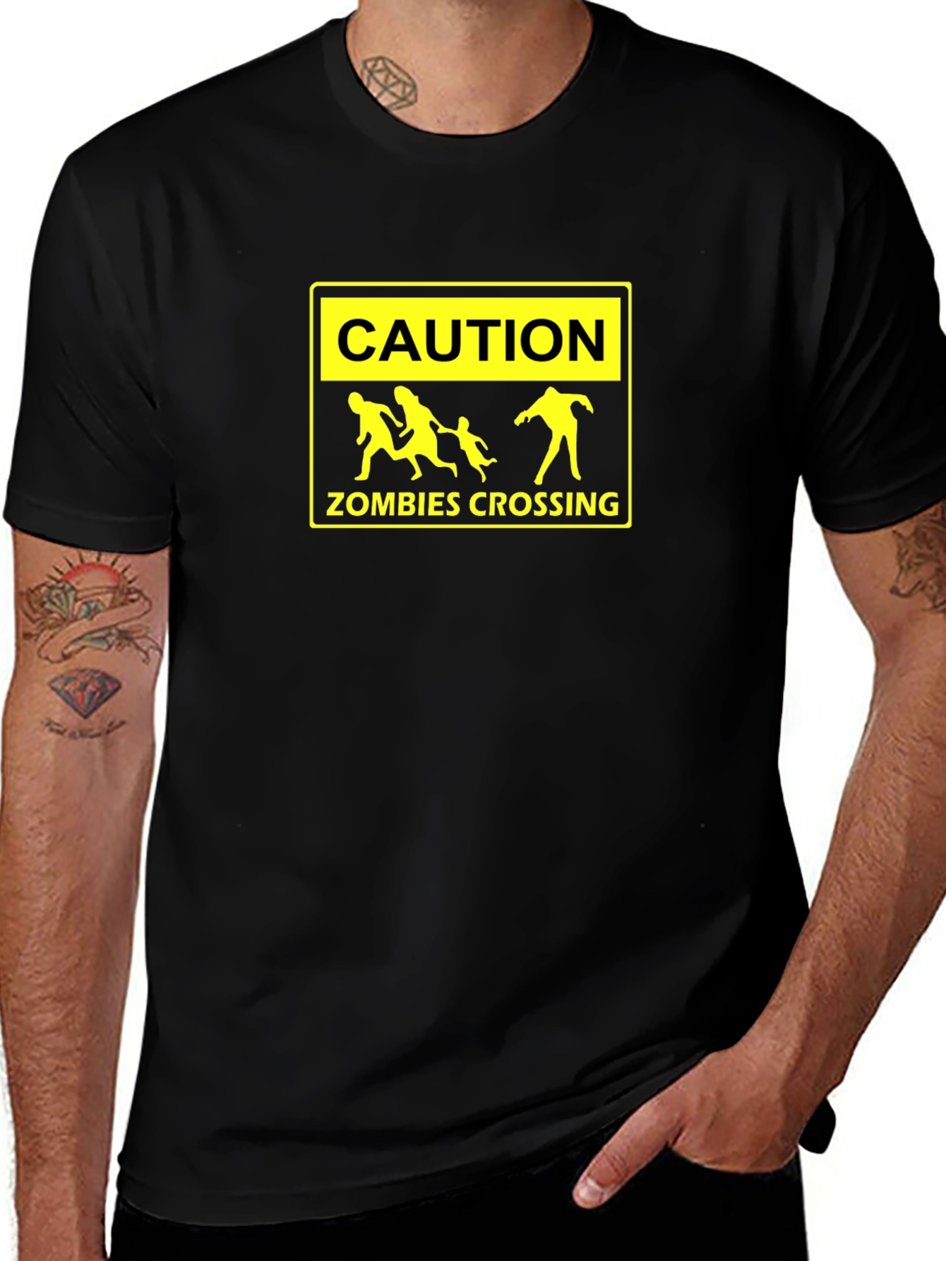 Caution Zombies Crossing Black Graphic Tee