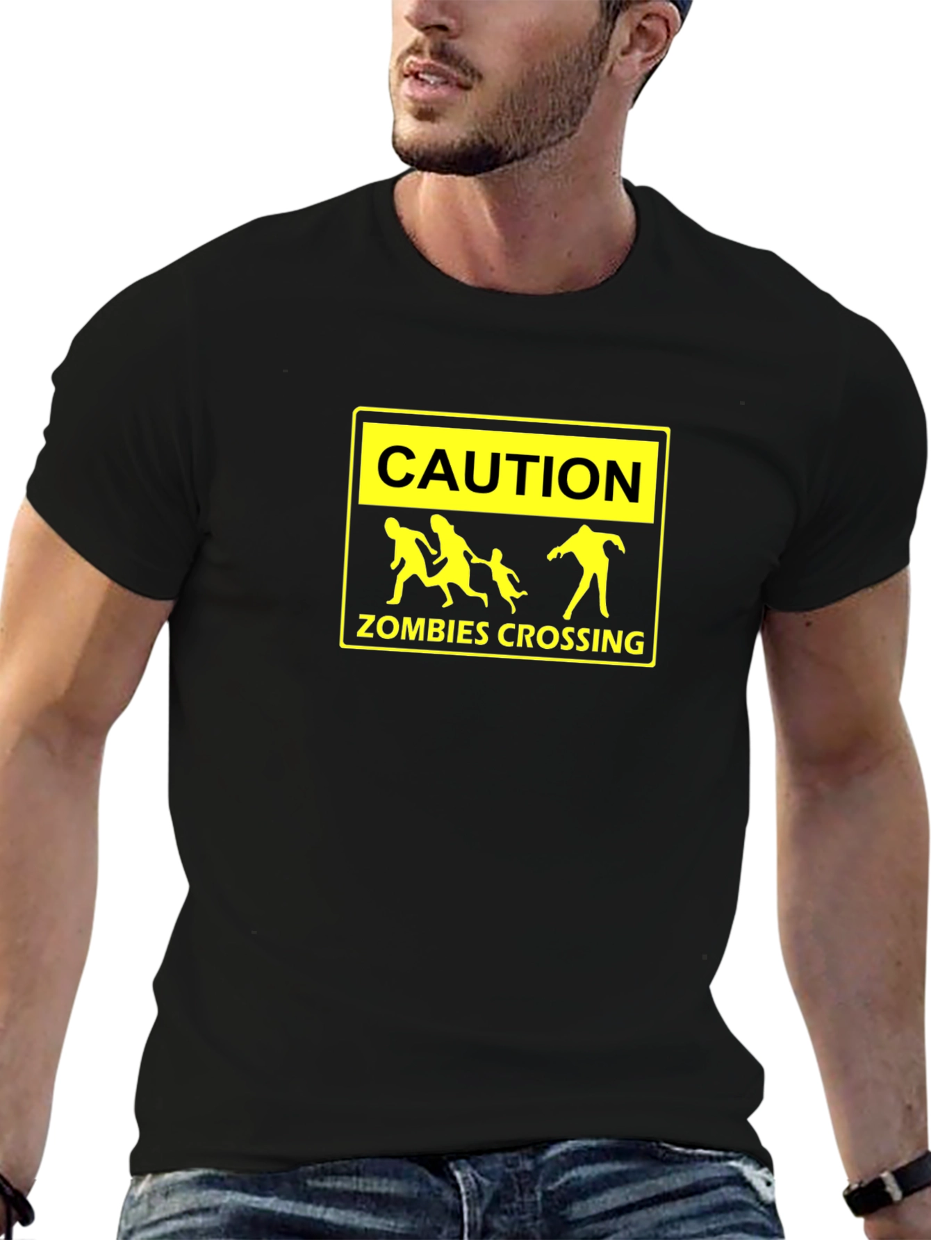 Caution Zombies Crossing Black Graphic Tee