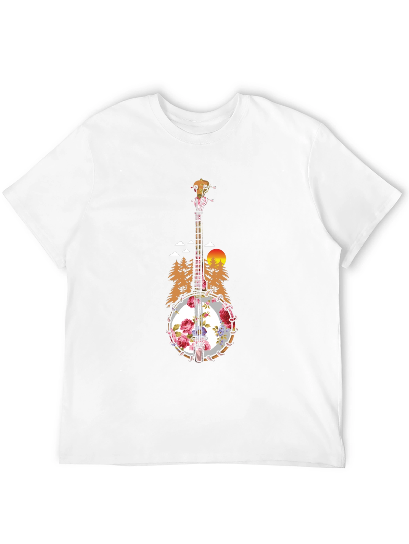 Floral Banjo Graphic T-Shirt - Mountain Sunset Design