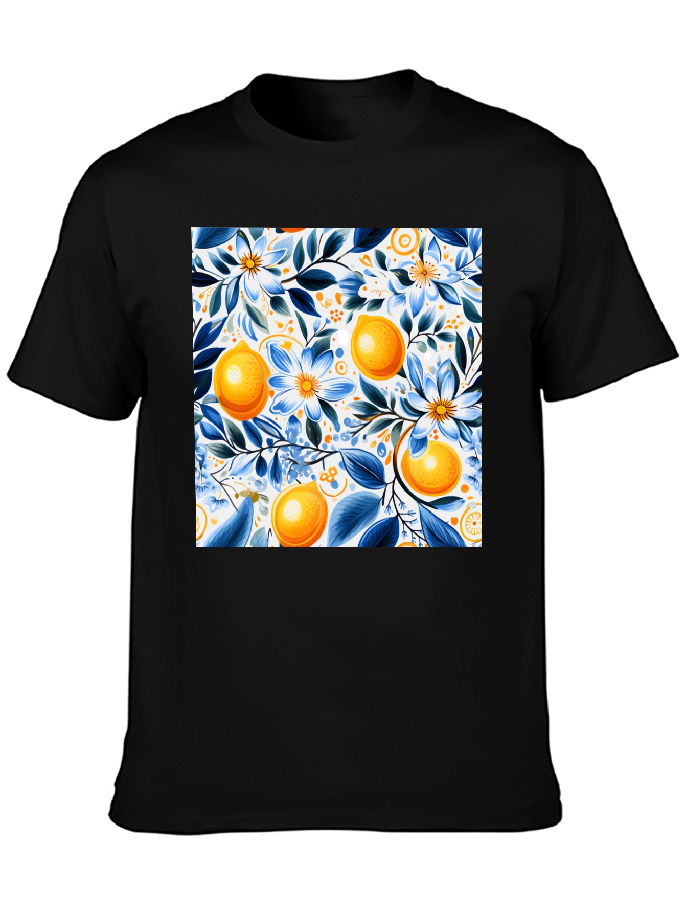 Floral Lemon Print Black T-Shirt