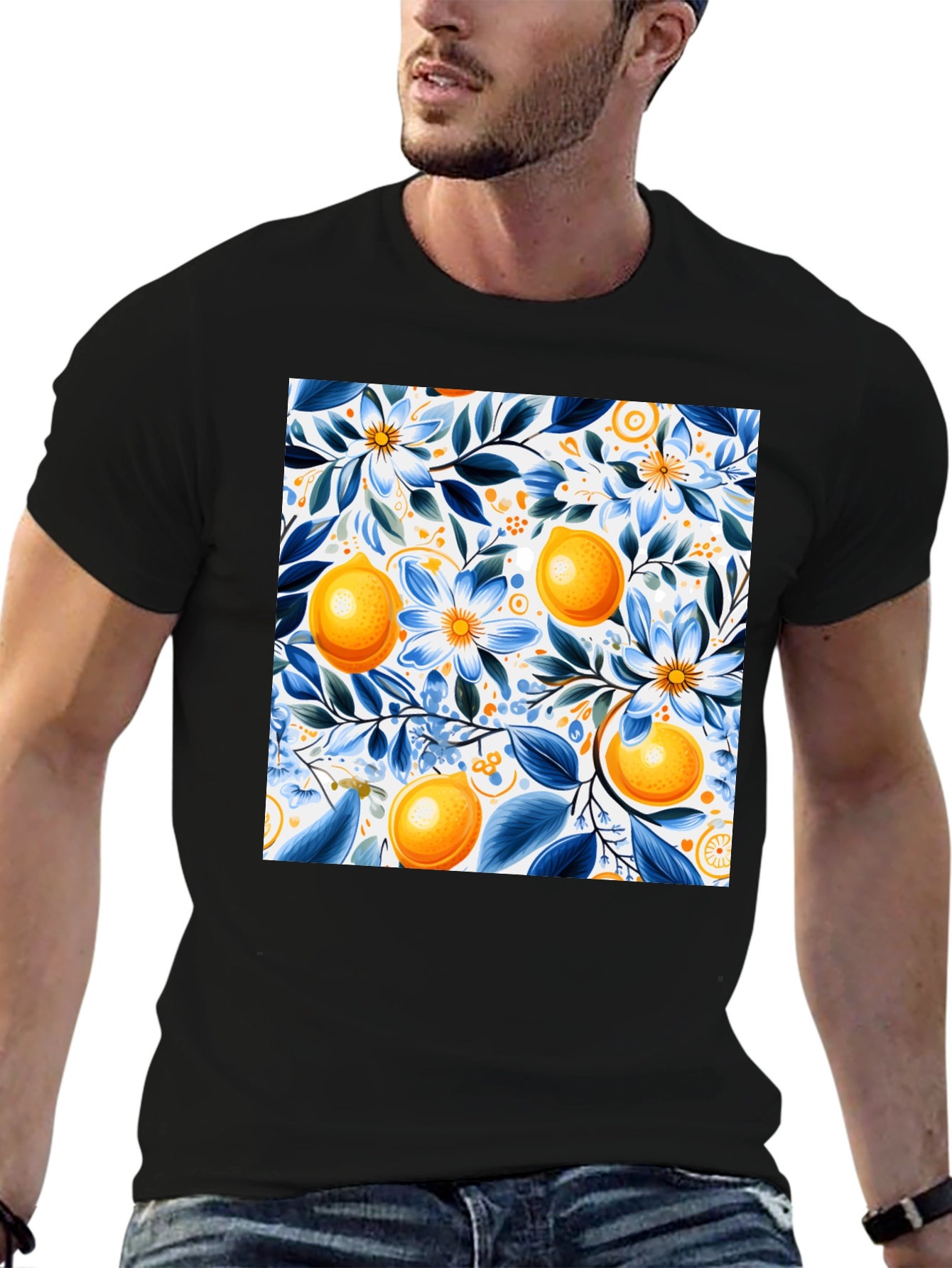 Floral Lemon Print Black T-Shirt