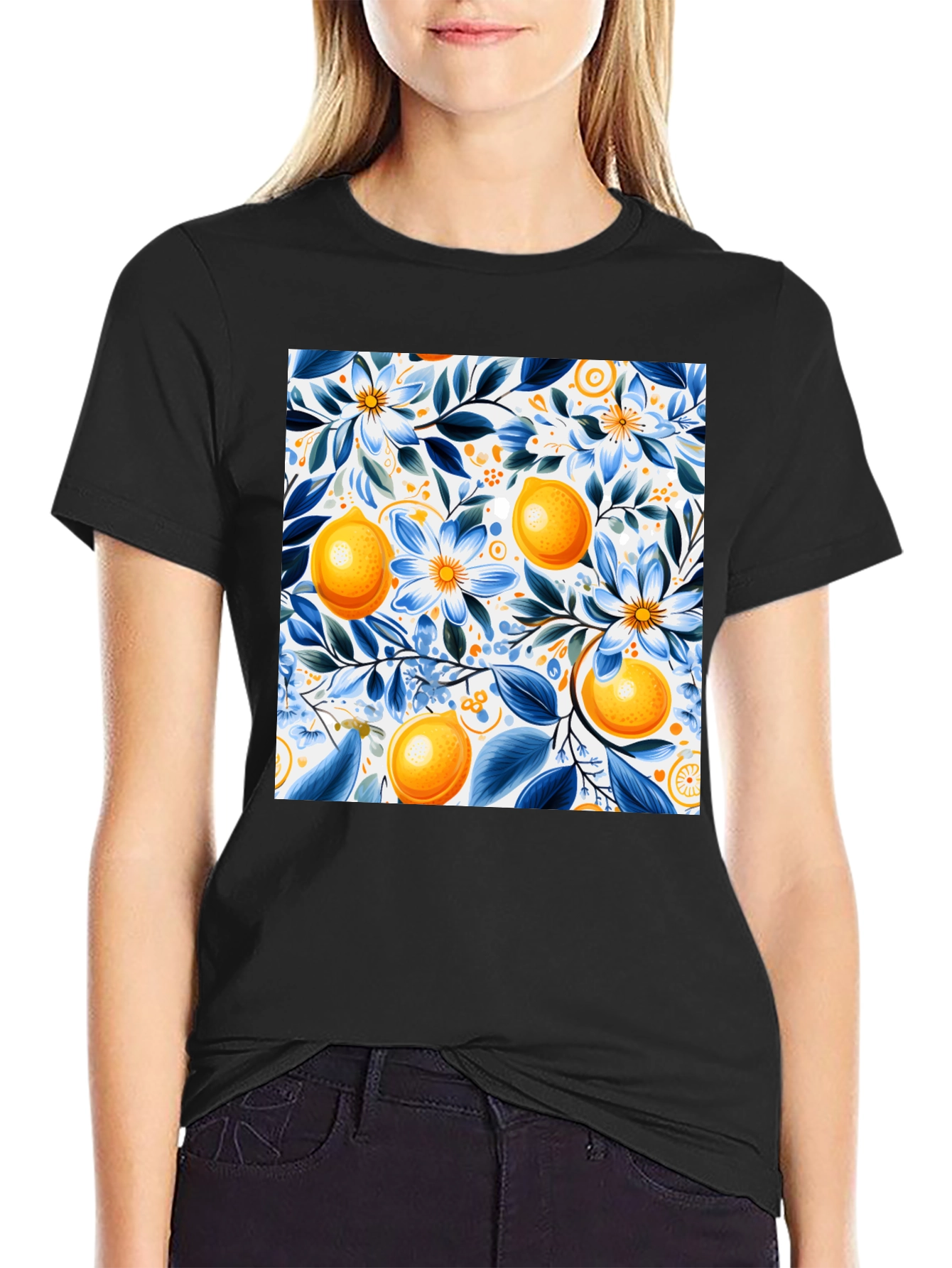 Floral Lemon Print Black T-Shirt