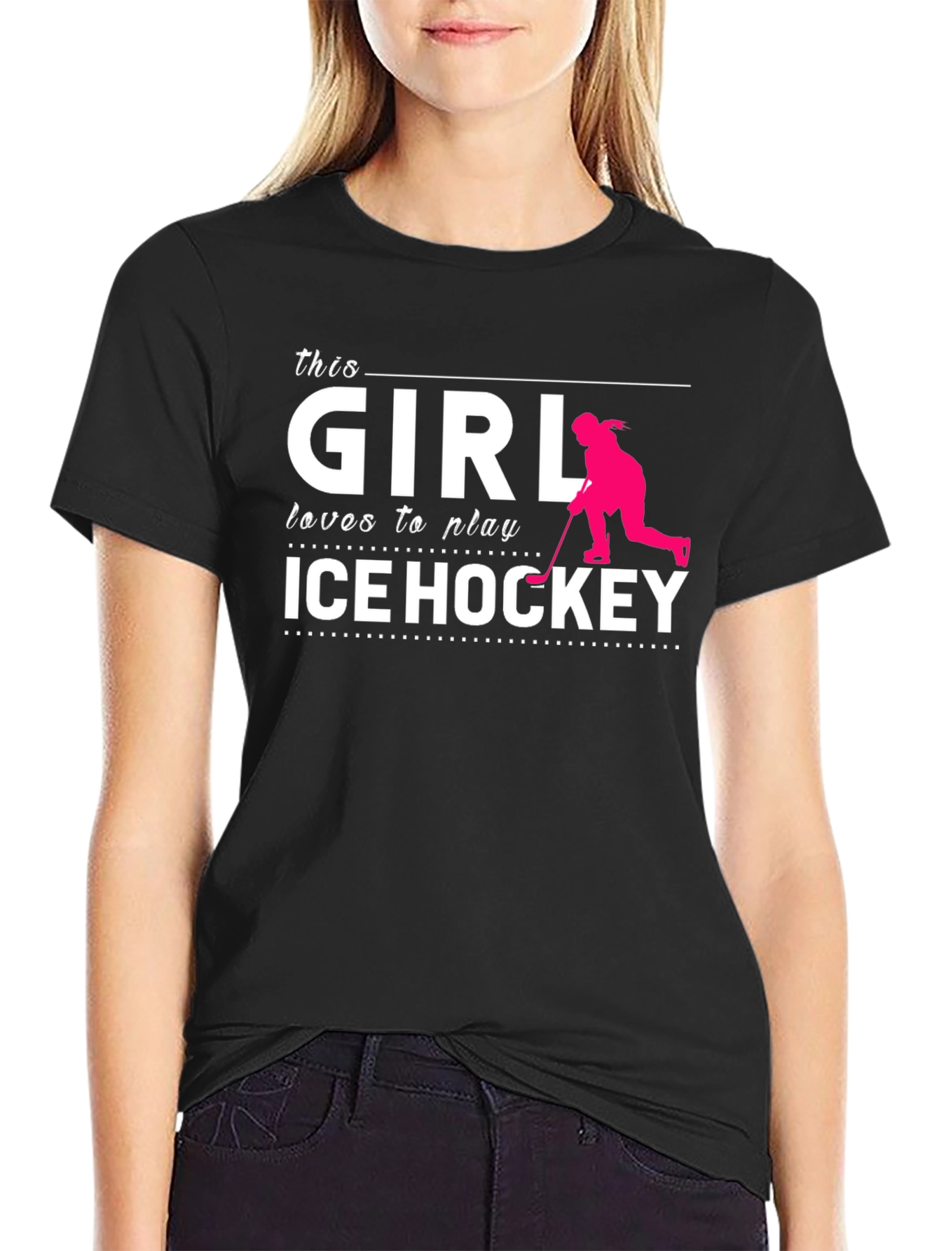 This Girl Loves Ice Hockey T-Shirt Black Cotton