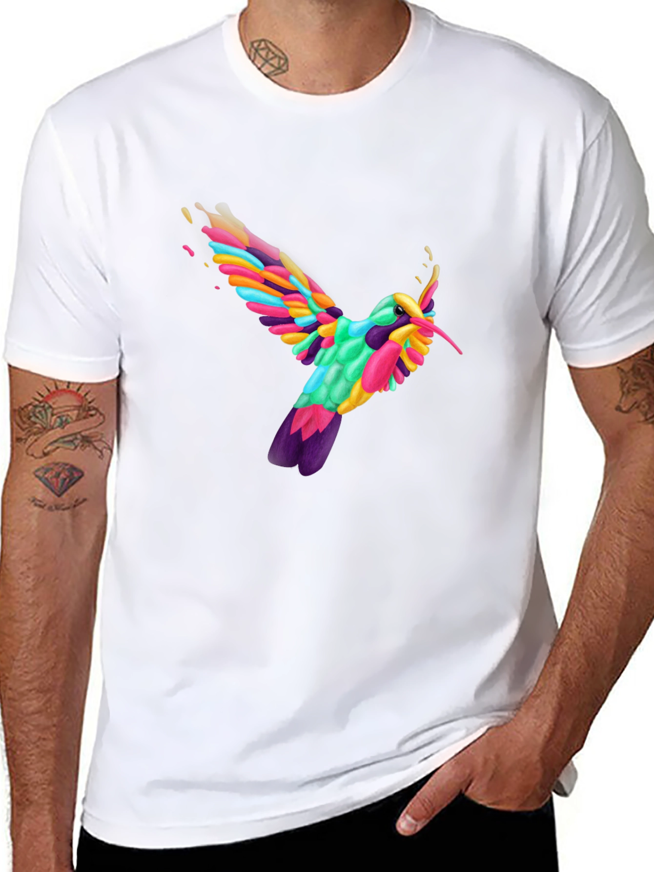 Vibrant Hummingbird Graphic Tee - Black