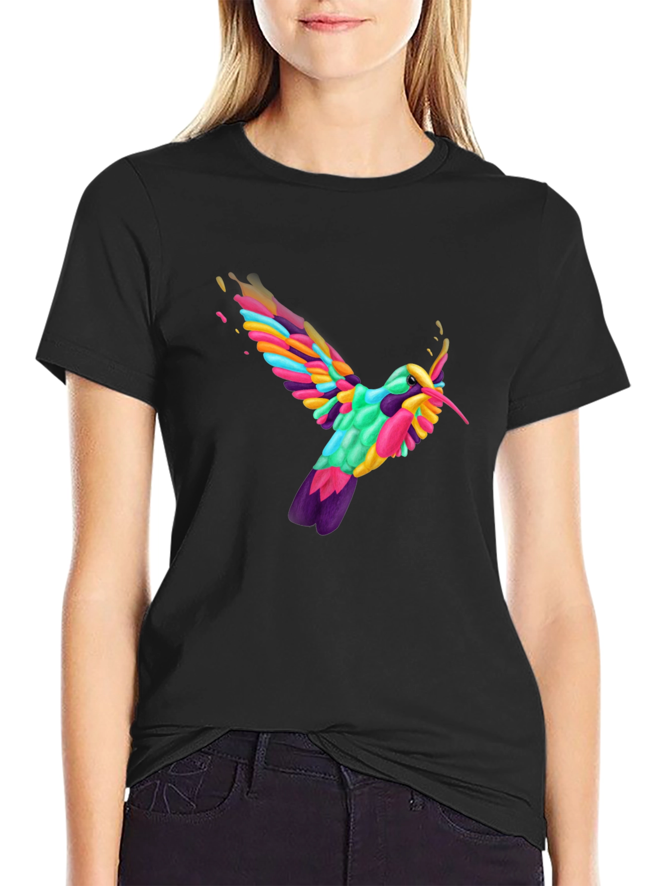 Vibrant Hummingbird Graphic Tee - Black