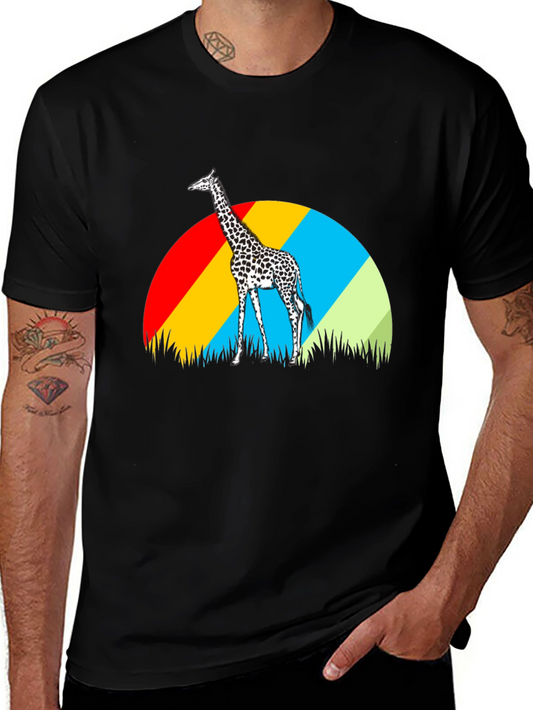 Giraffe Sunset Graphic Tee - Black Cotton T-Shirt