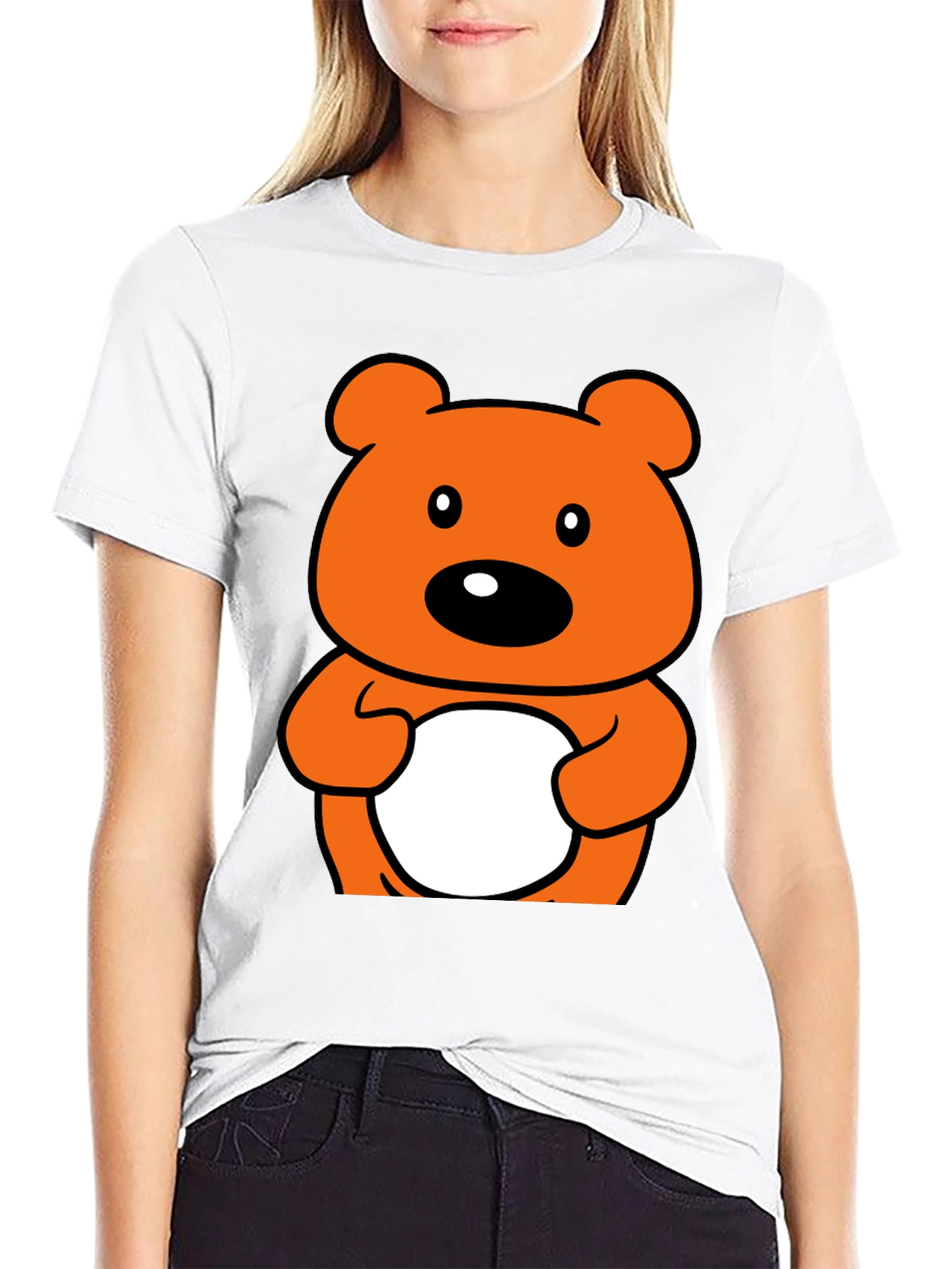 Cute Orange Cartoon Bear Graphic Black T-Shirt