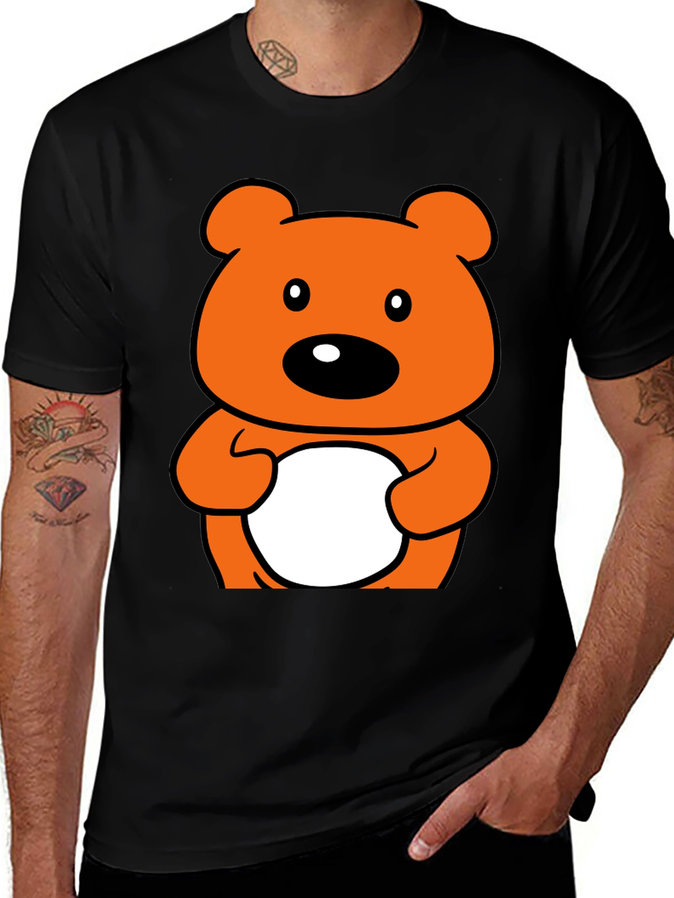 Cute Orange Cartoon Bear Graphic Black T-Shirt