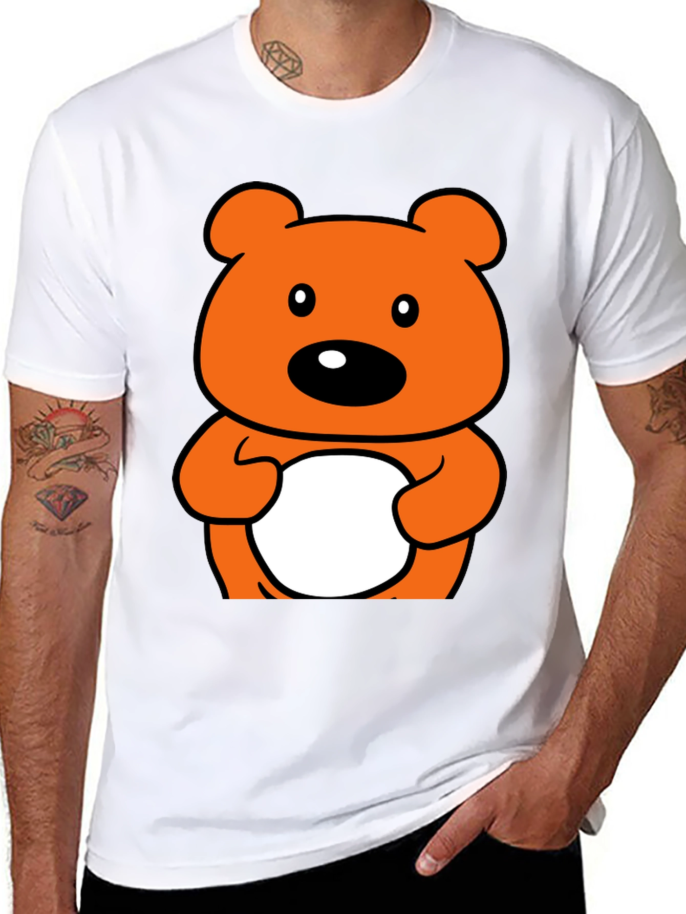 Cute Orange Cartoon Bear Graphic Black T-Shirt